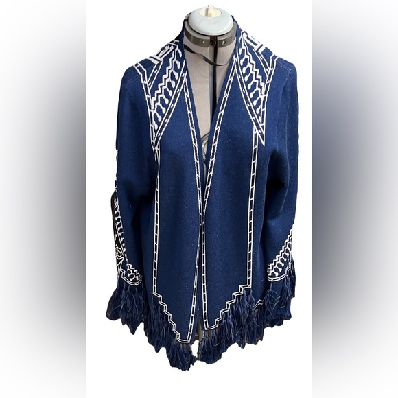 Kobi Halpern Cardigan Blue Black & White With Blue Plumes - Picture 1 of 8